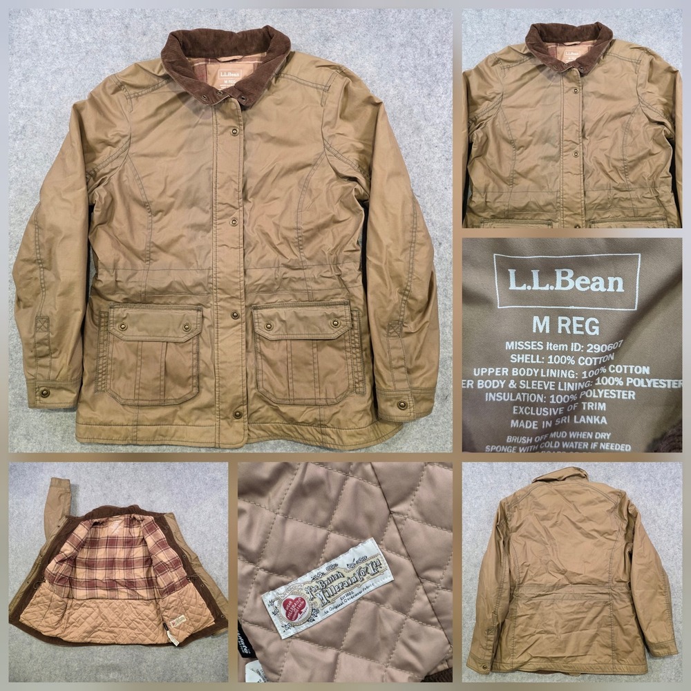 LL Bean Wax Jacket Womens Medium Brown Quilted Lined Corduroy‎ Collar Field